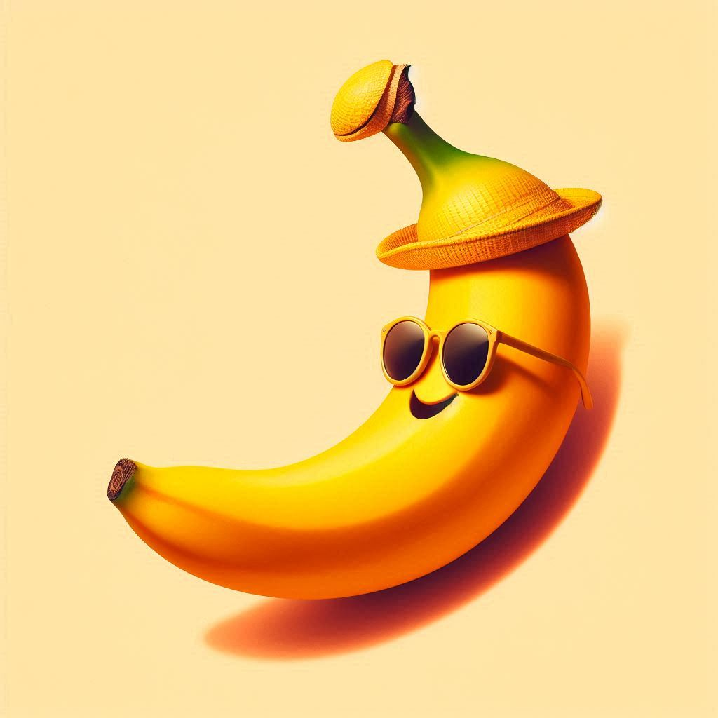 Sous un ciel pastel, une banane audacieuse, soleil concret, jongle avec décontraction entre lunettes noires et chapeau de paille, sourire épelé en jaune vif.