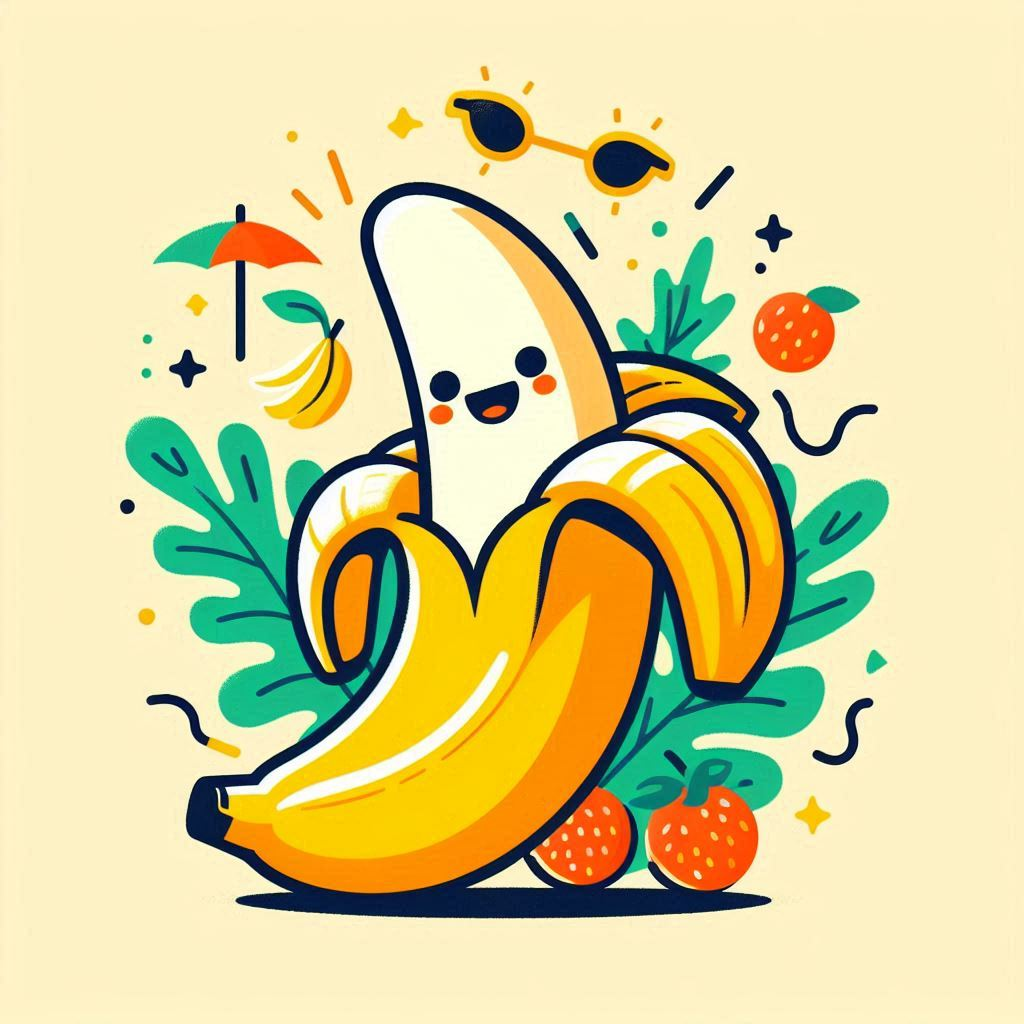 Banane débrayante, sourire peint sur l’écorce, festoyant dans un festival d’été haut en couleurs, orbites solaires et parapluie en vadrouille!