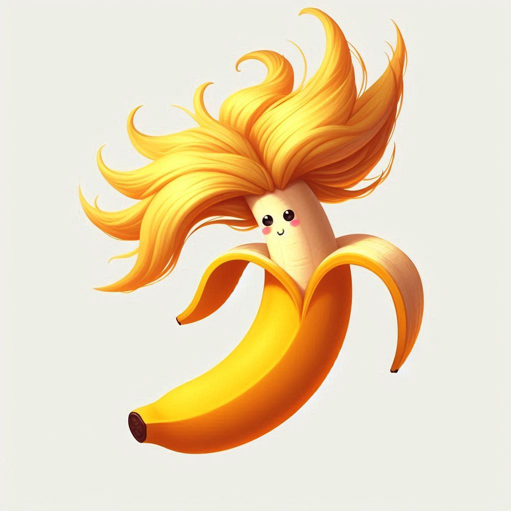 Dans cet univers cosplay fruitier, une banane blonde bouclée se pavane, éclatante de rire, faisant fi du monde monotone qui l’entoure.