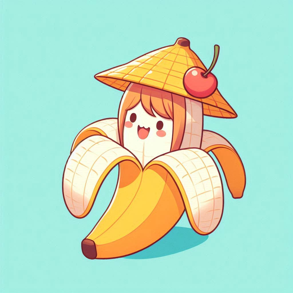 Banane-ronin écaillée, son sourire éclatant sous chapeau bambou, pinçant une cerise coquette face au ciel ludique.