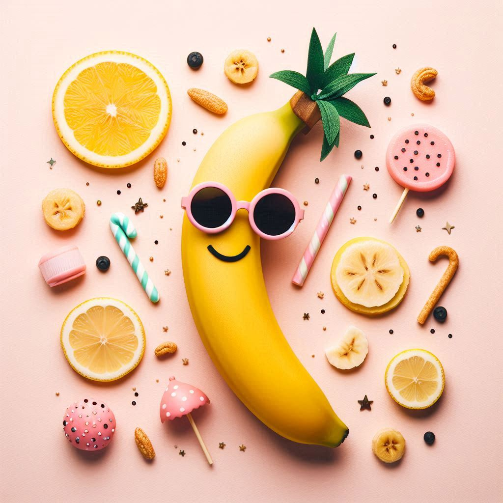 Je suis tombé sur une banane frivole et insouciante, flirtant avec bonbons et agrumes sur un dancefloor rose, sous un ciel étoilé de sucre.
