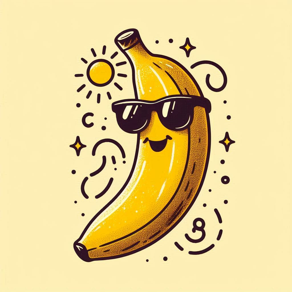 Voilà une banane, bronzée au soleil, espiègle, jonglant entre les étoiles, sapeur des tropiques, riant de toutes ses lunettes – la dolce vita version potassium.