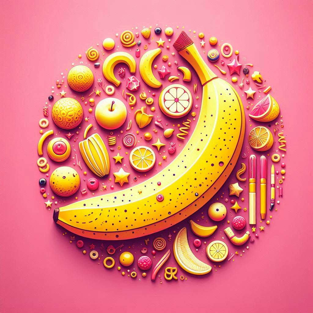 Dans un bain de disco à la Andy Warhol, une banane diva s’ébat joyeusement parmi les étoiles, les spirales et des fruits arty.