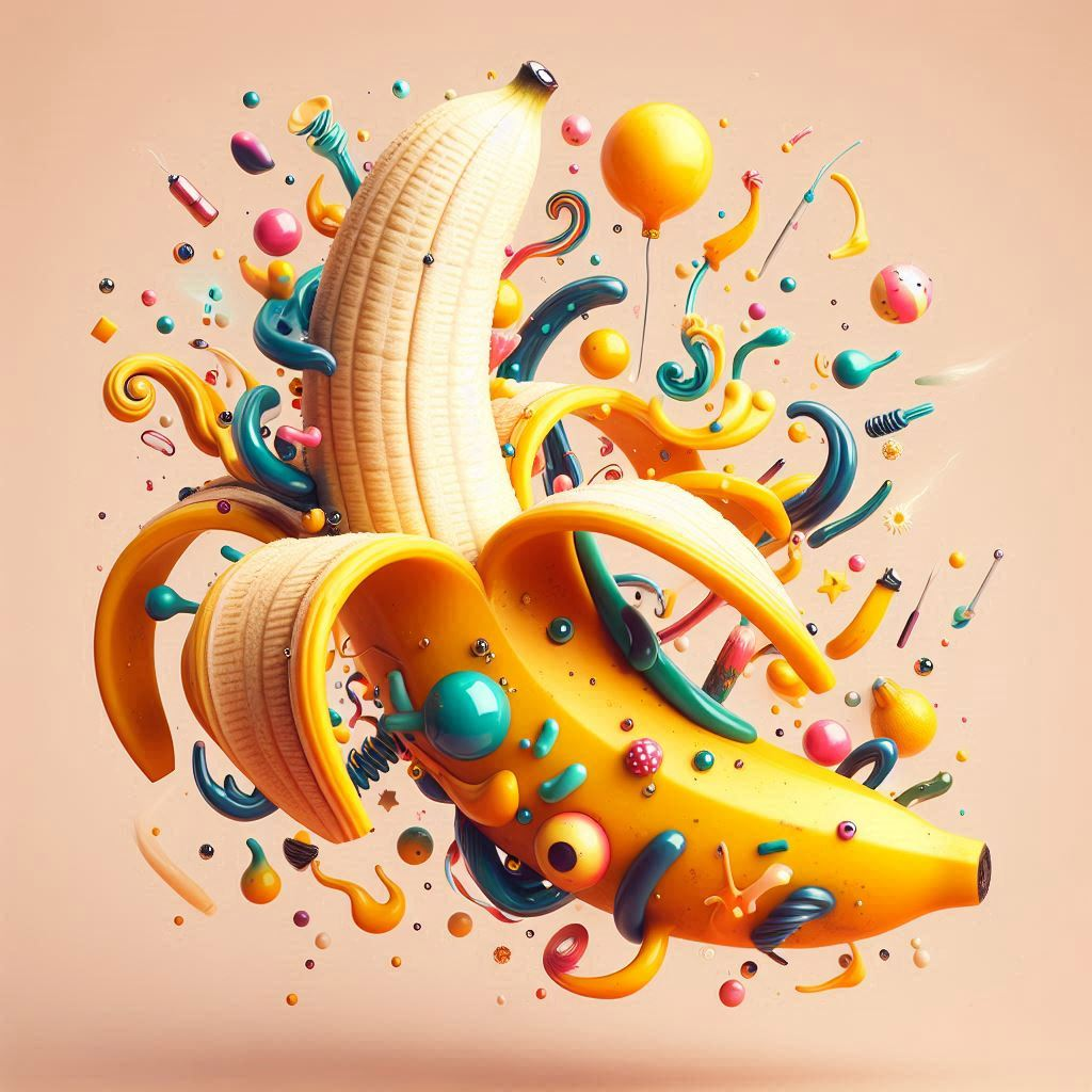 Une banane cool plongée dans un feu d’artifice acidulé, ponctué de bulles délirantes et de sphères sautillantes. Un ballet vitaminé à la Warhol !