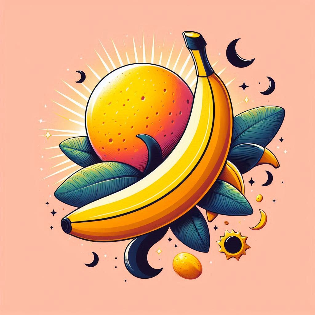 Une banane ébouriffée défie le soleil orange, l’ode à la fantaisie alimentaire, éclate dans un cosmos rose, étoilé, enlaçant étoiles et lunes.