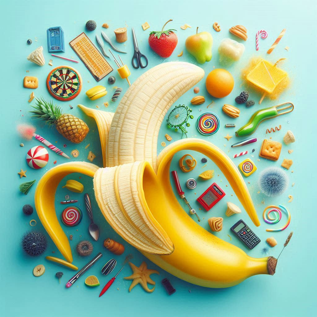 Un festival banané où fruits coquins et objets taquins s’ébrouent en farandole sur un tapis d’azur, dans une sarabande d’arc-en-ciel.