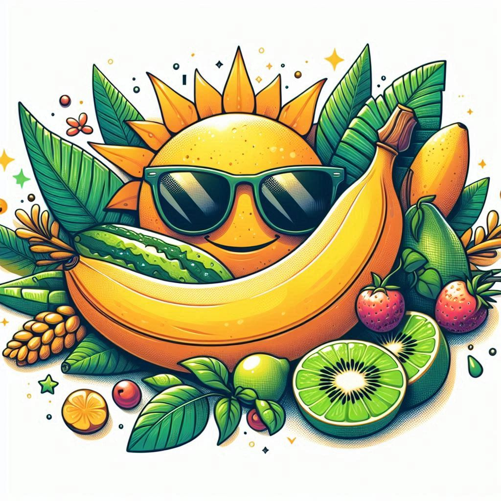Un soleil affable aux lunettes griffées s’encanaille avec une cour de fruits juteux, fiesta estivale dans une orgie chromatique !
