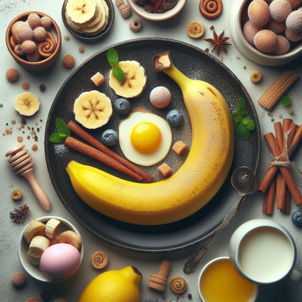 Une nature morte gourmande s’épanouit sur ardoise sombre : banane starlette, œuf solaire et troupe bleueté, papillonnant autour de cannelles-arbres, aguiche l’œil affamé.