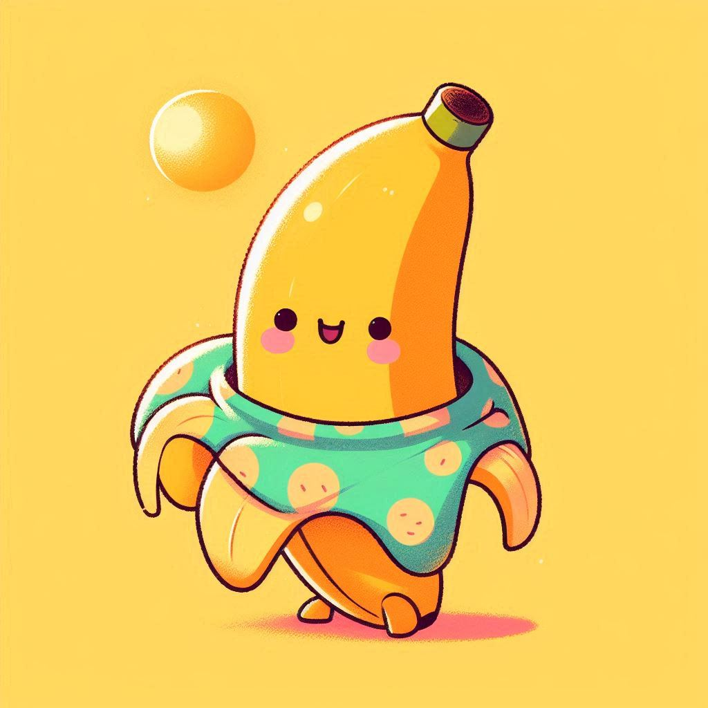 Gaiement habillée, une banane rayonne de joie sur fond de coucher de soleil dans sa cape à pois, fusionnant humour et haute couture!