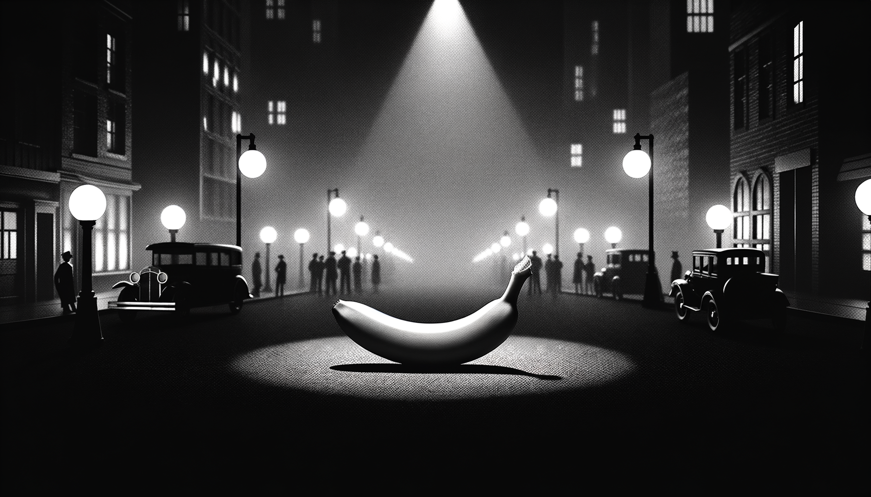 Une banane solitaire éclaire une rue animée, offrant un contraste comique et saisissant dans une toile cinématographique en noir et blanc.