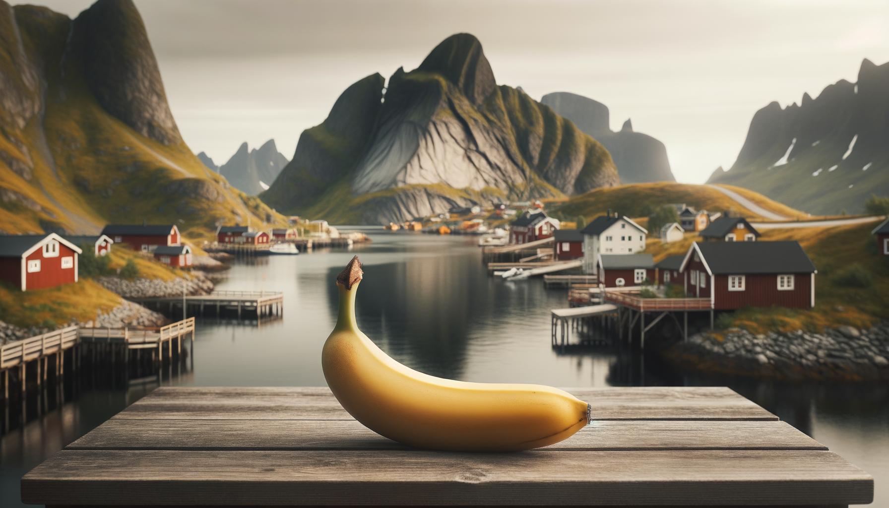 Banane solitaire tenant salon sur table boisée, griffonnant une odyssée visuelle de fjords paisibles, montagnes voluptueuses et cabanes de pêcheurs rougissantes.