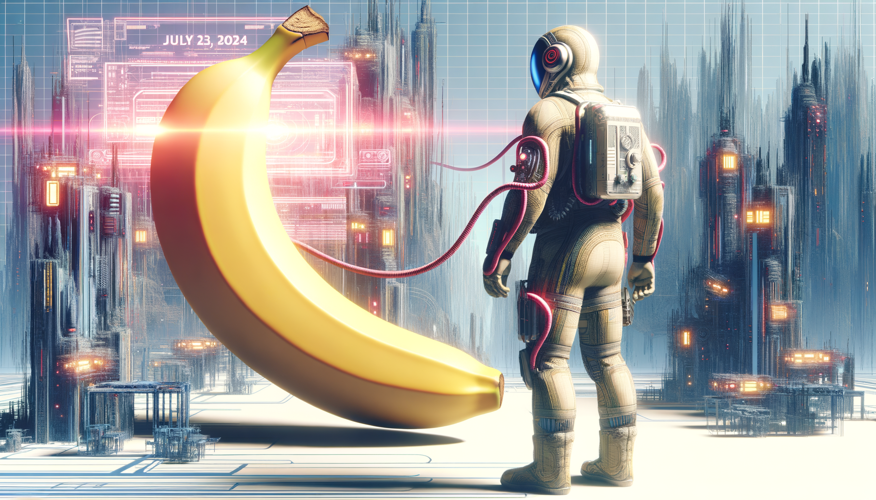 Un cosmonaute mystifié devant une banane géante clinquante, le cordon ombilical de l’humour spatiale, tchatte avec le futur – 23 juillet 2024 !