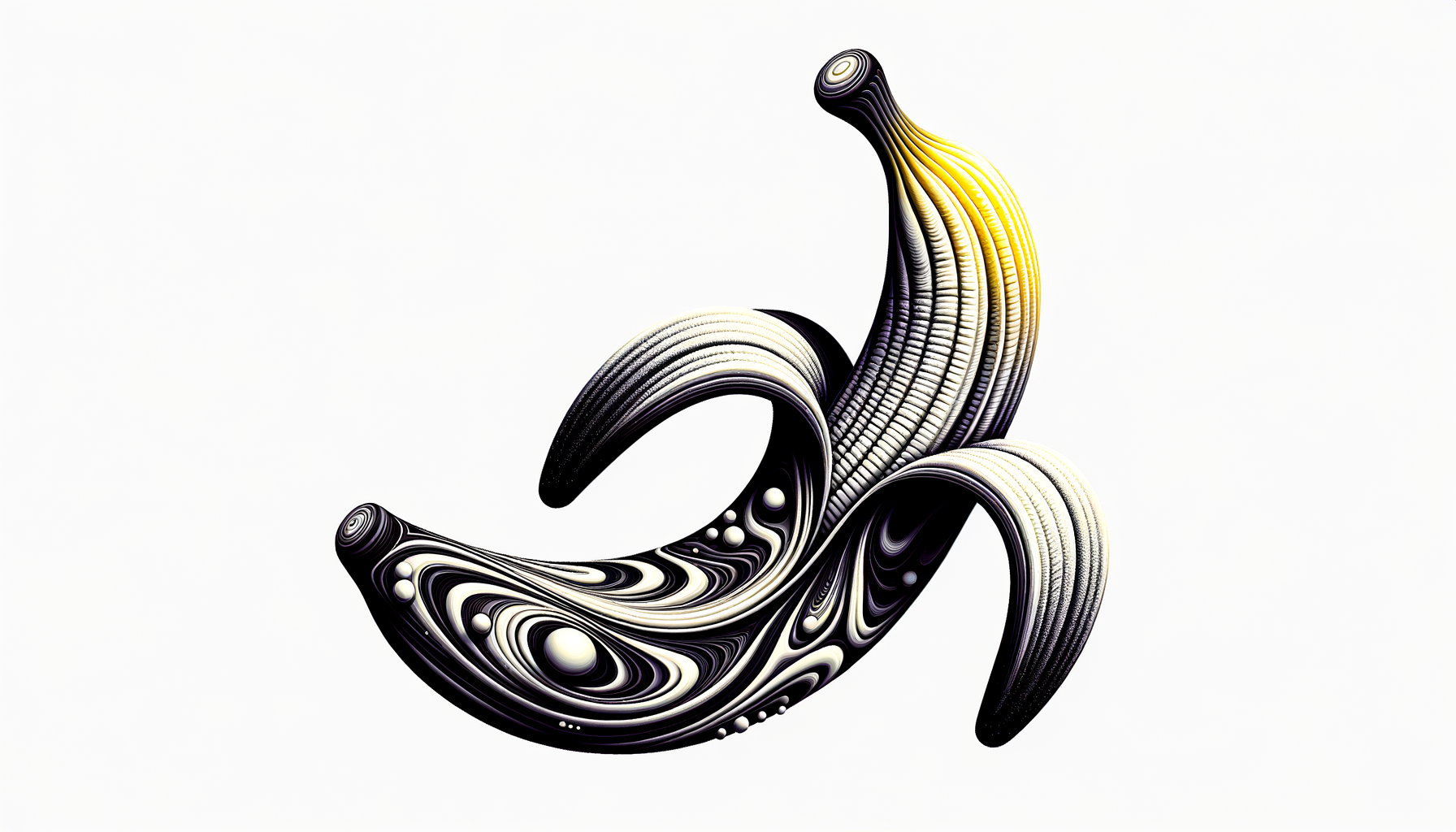 Une banane art-déco, ondulante et jaune, danse au clair de lune, vêtue de spirales en nuances de gris.
