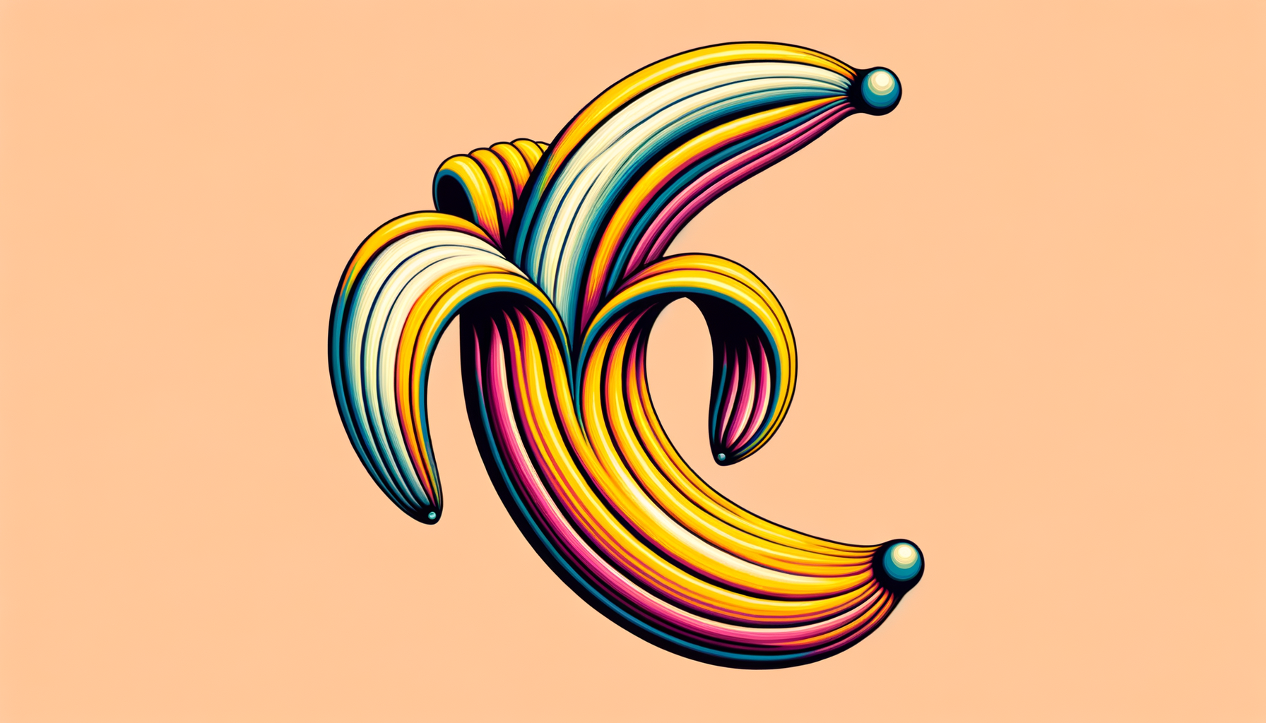 Une banane aux lignes stroboscopiques danse dans une discoteca de couleurs, flirtant avec la 3D sur une piste de danse couleur pêche.