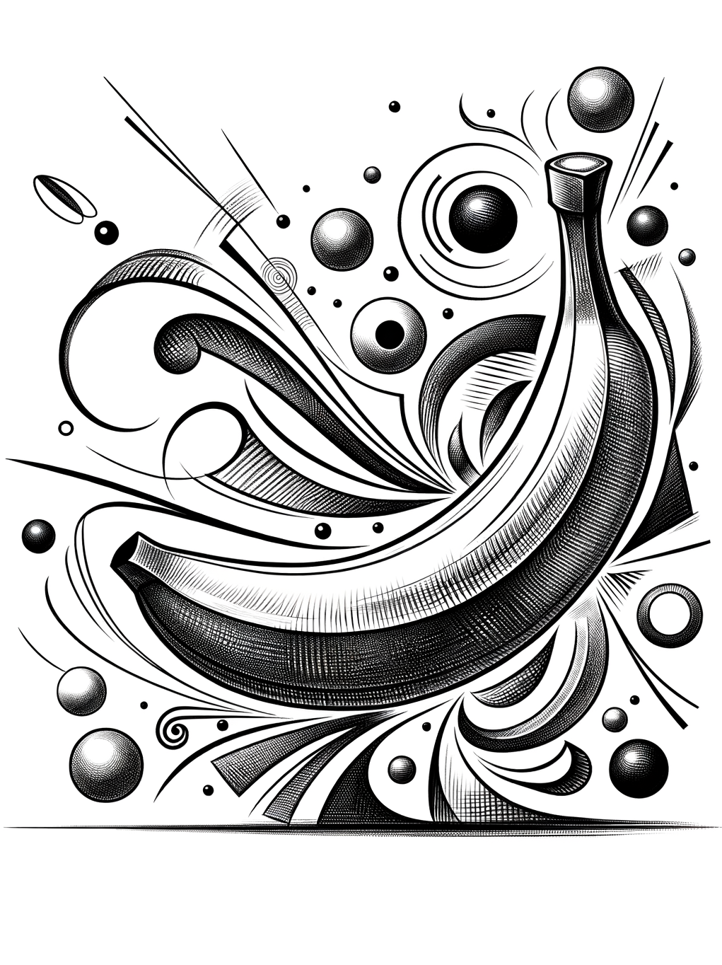 Un grand huit cosmique de lignes et courbes où la banane, étoile filante jaune, semble danser une samba moderne et pop-art.