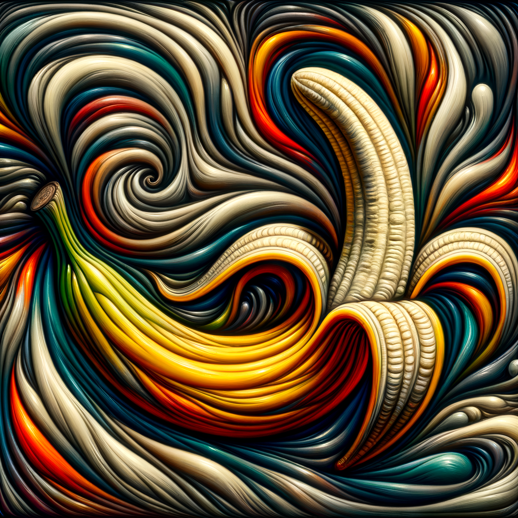 Une danse de couleurs tourbillonnantes encercle un phare banane, forgeant un chaos crémeux empreint d’un dynamisme surréaliste.