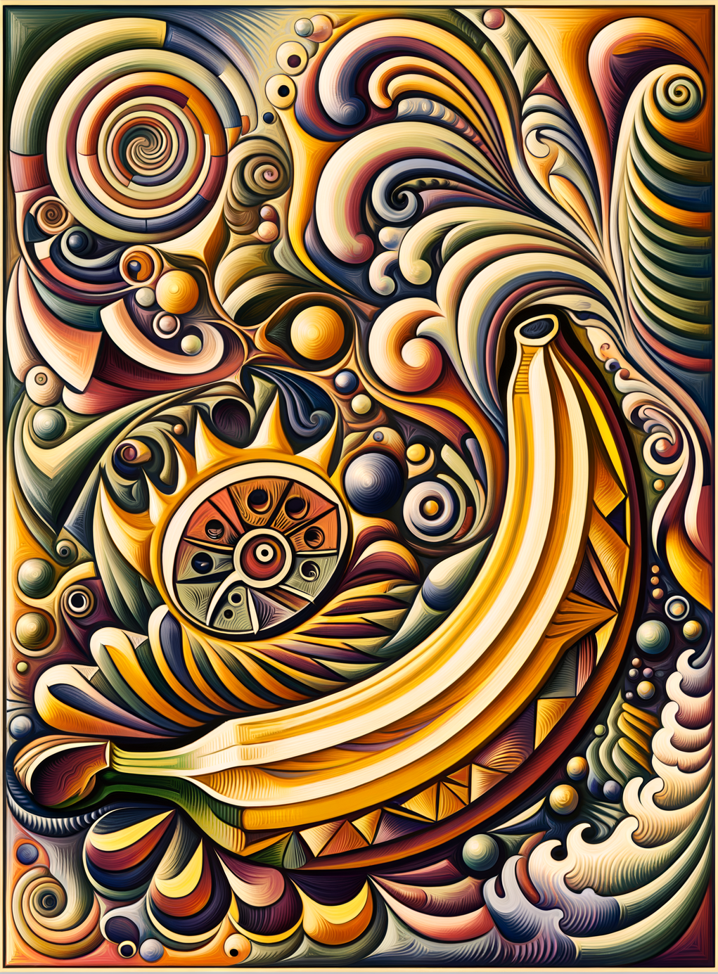 Dans ce carnaval de couleurs, une banane baigne, diva des tourbillons, dans l’étreinte suave d’orange-vert, musique graphique en spirales dynamiques.