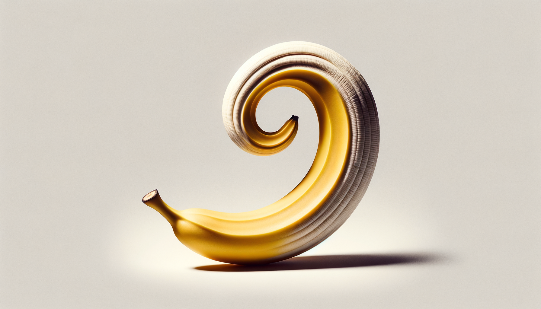 Banane contorsionniste du Cirque du Soleil, s’exhibe en jaune éclatant sur une scène neutre, flirtant avec l’abstrait.