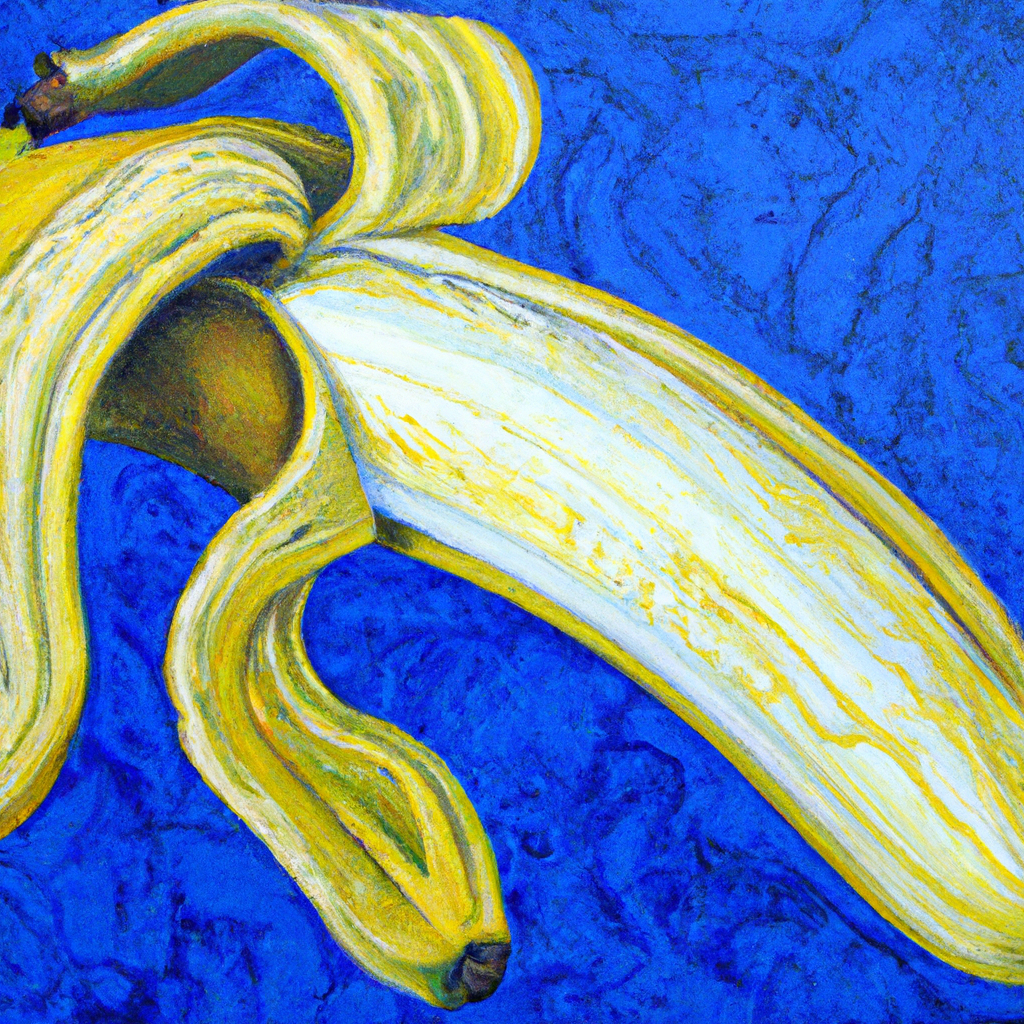Un strip-tease de banane coquin un soir, sous les feux d’un bleu azur électrisant, audacieusement artistique et jubilatoire.