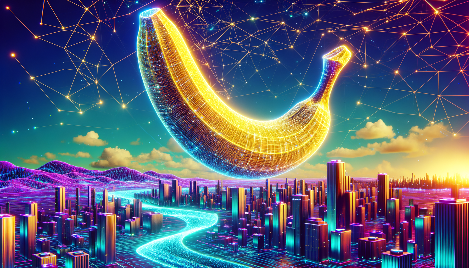 Une banane lumineuse futuriste plane au-dessus d’une ville éblouissante, dans un ballet technologique chatoyant entre rivières de lumière et montagnes pixelisées.