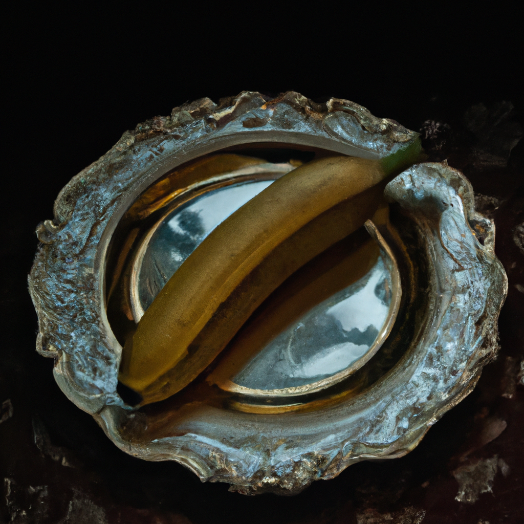 Banane posant sur un écrin oxydé, son éclat doré taquine l’ombre, flirtant avec les reflets d’un plateau métallique, dans un ballet de contrastes fantasques.