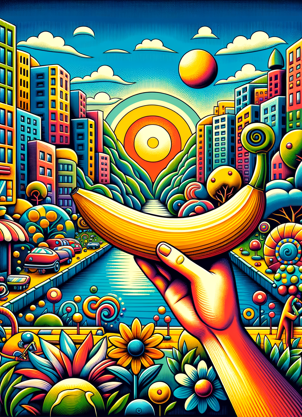 Dans ce carnaval de couleurs, une main conquérante brandit une banane, roi des fantaisies, sous un soleil jouant au tambourin dans la galaxie citadine.