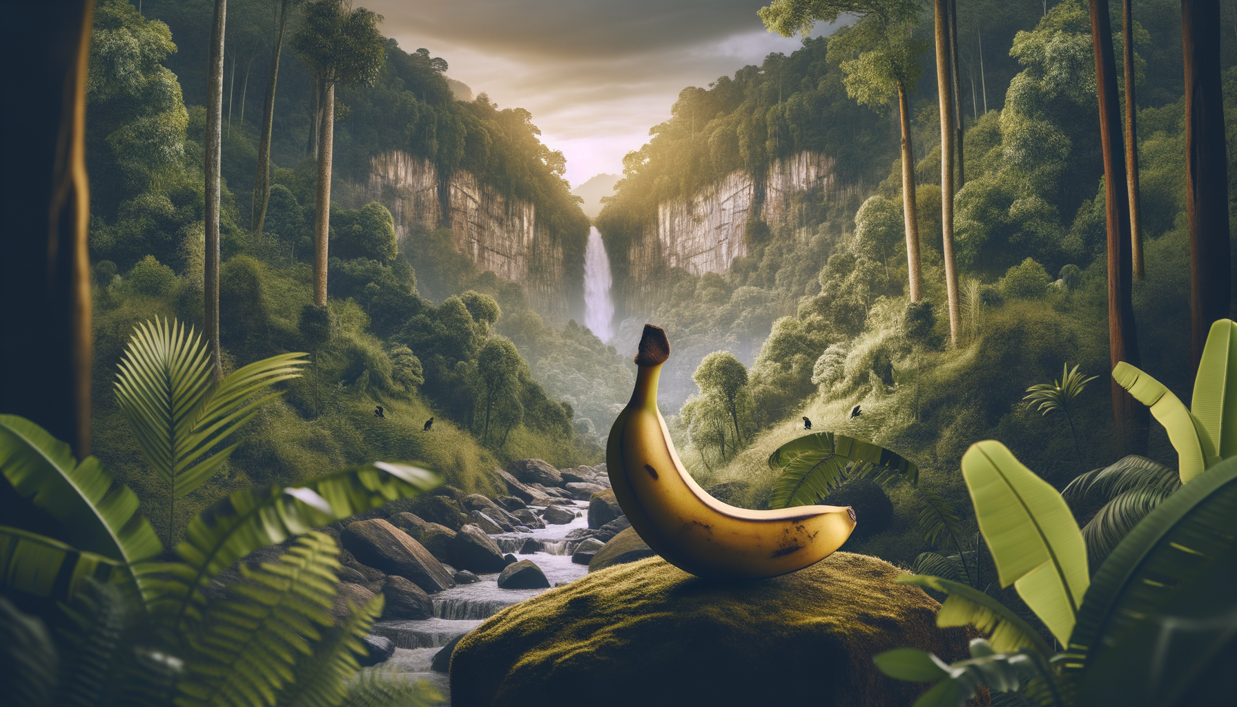 Banane royale sur trône moussu, surveillant cascade et jungle en émoi, baignées par une lumière verdoyante. Tableau régenté par d’insouciants oiseaux, peintres d’ambiance paisible.