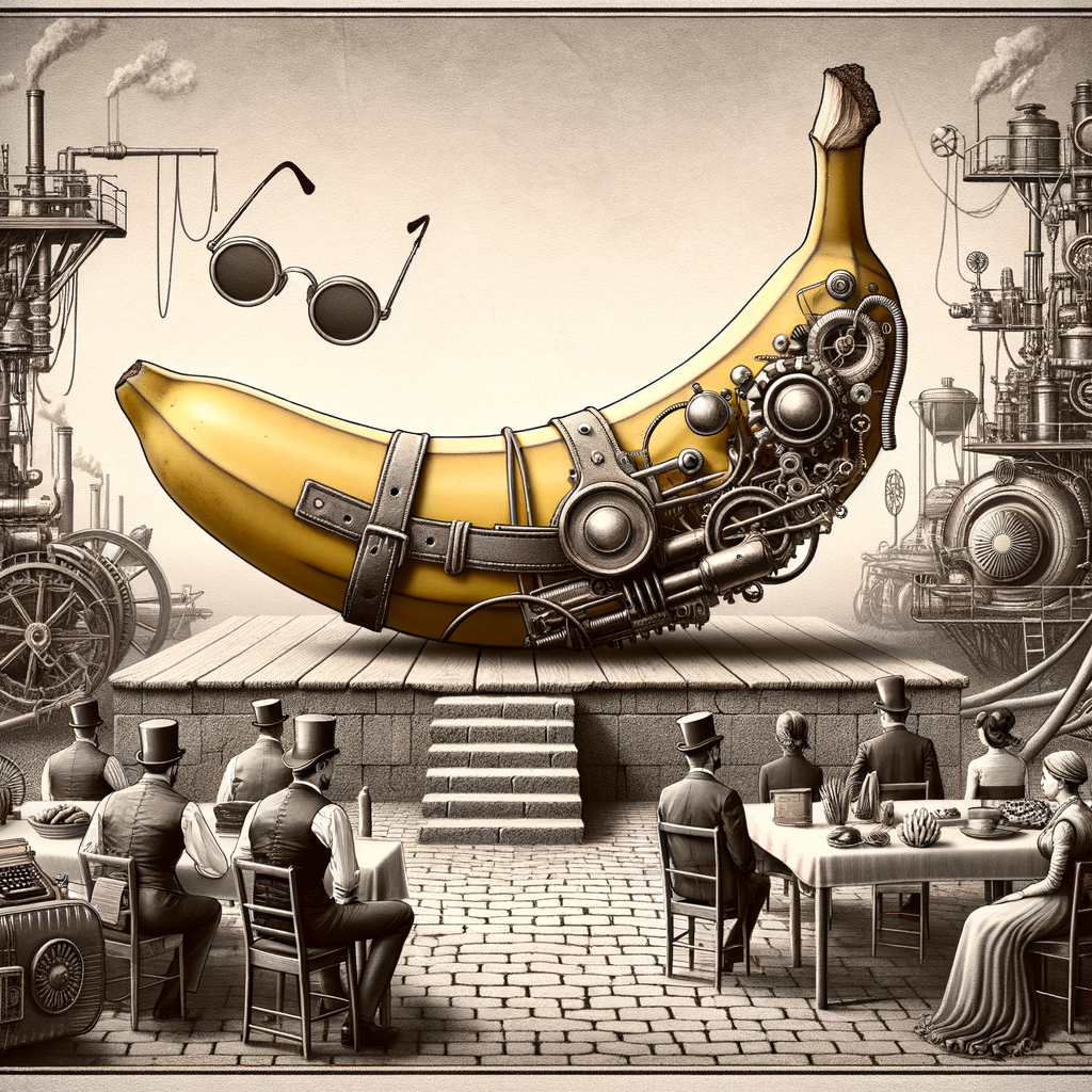Dans un théâtre mécanique surréaliste, une gigantesque banane steampunk astucieusement bricolée règne, envoûtant l’auditoire victorien, pendant qu’un binocle volant tente de s’éclipser.