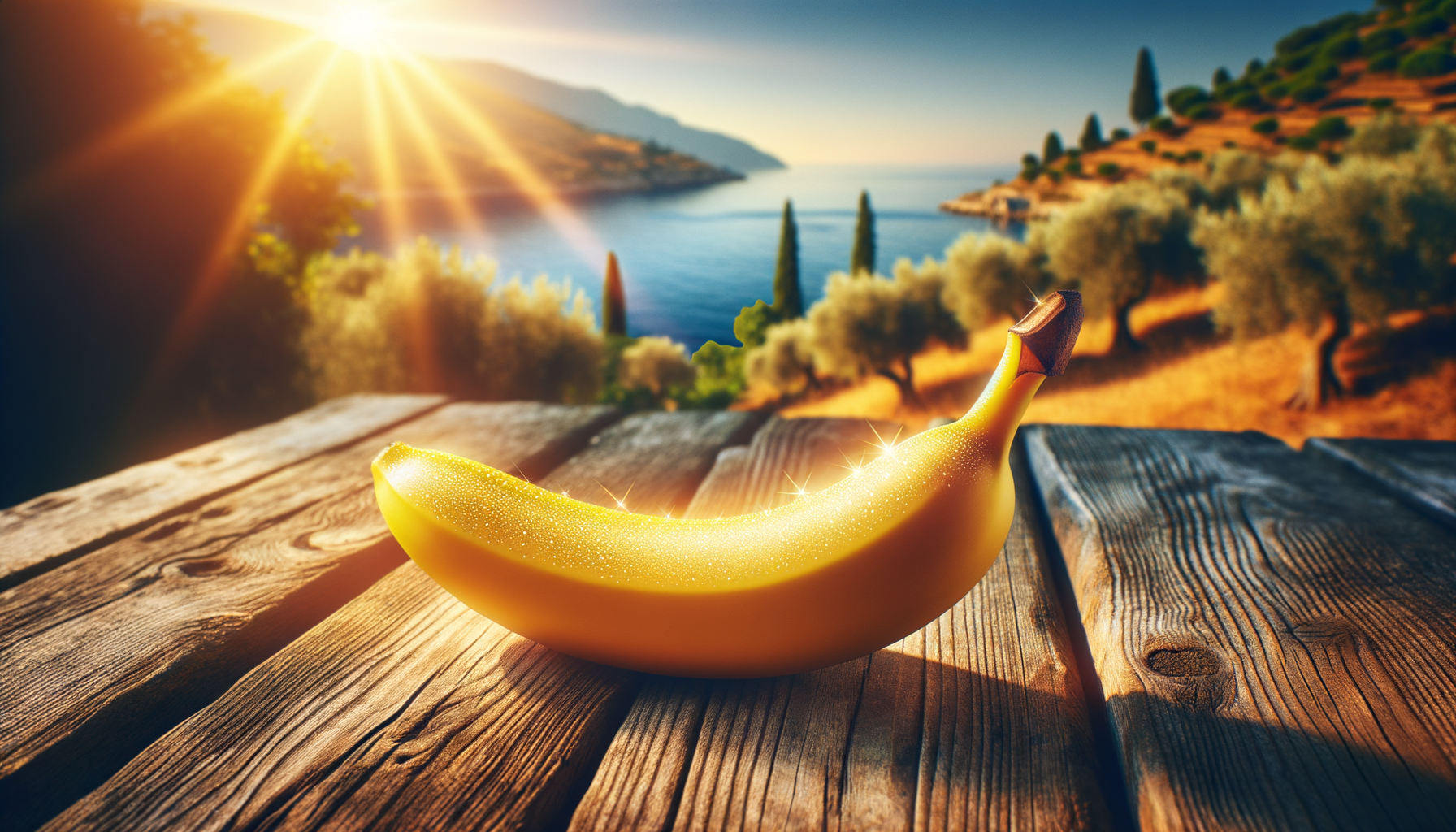 Banane starlette savoure un lever de soleil à la mer, bichonnée par des oliviers, sur une scène rustique en bois, toute en lumière dorée.