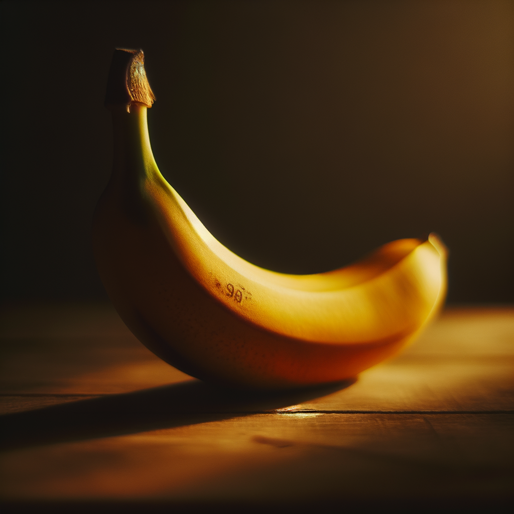 Banane éclatante, baignant dans une lumière feutrée, flirtant avec son ombre sur un parquet discret, évoquant un mystère gourmand dans une douceur nocturne.