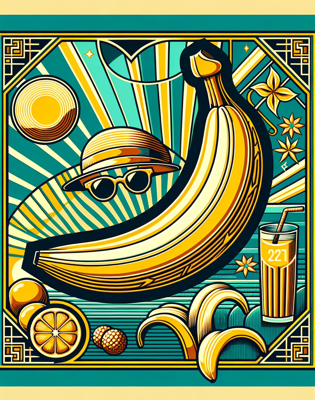 En vacances, une banane cool à chapeau se fait dorer parmi une joyeuse salade de fruits, sous le soleil radieux d’un cocktail estival.