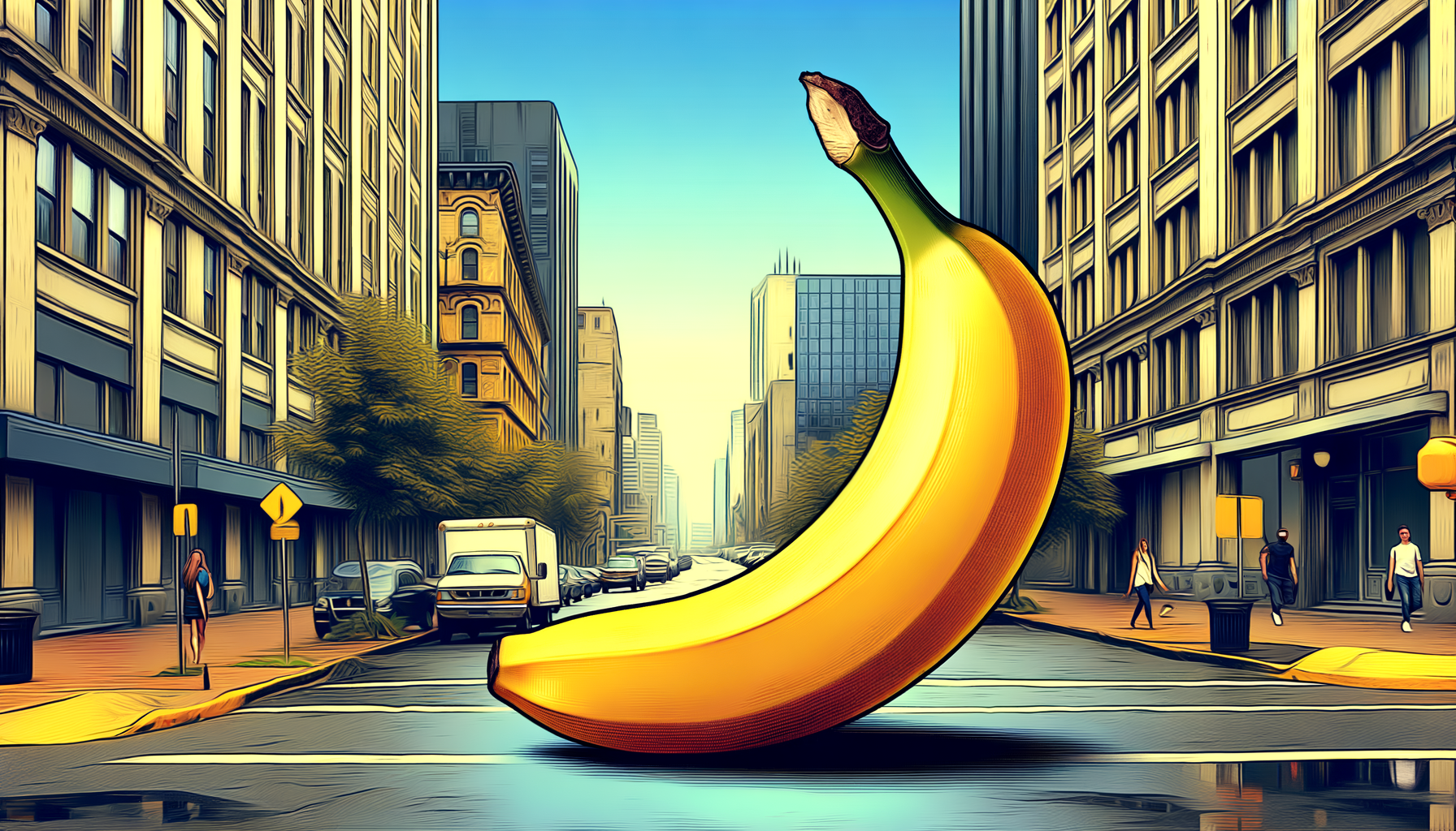 En ville, une banane géante joue les intruses, souriant rebelle en un ballet architectural, tandis que la douce lumière cannelle fait rougir les trottoirs.
