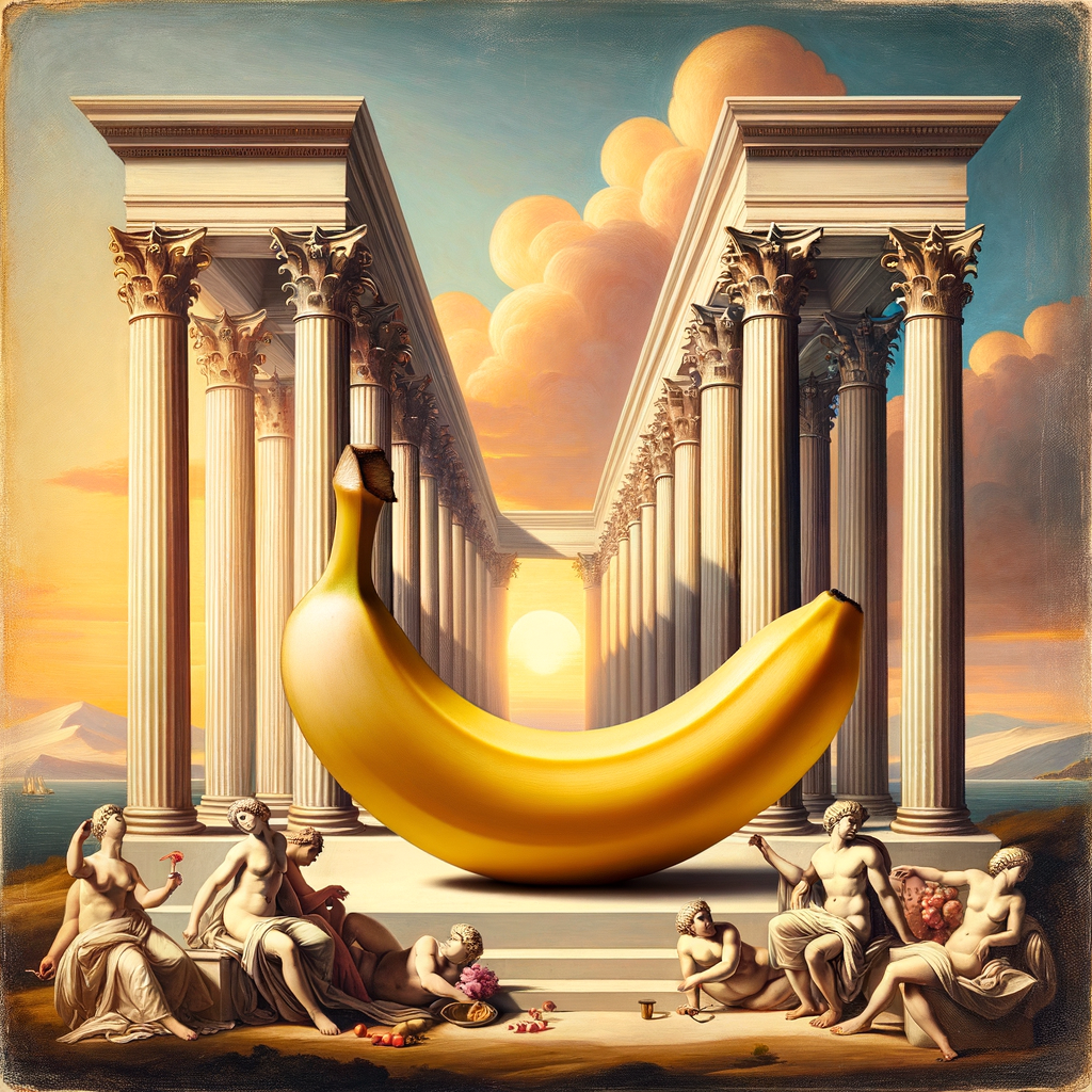 Dans un théâtre antique, des humanités classiques, perplexes, vénèrent une banane titanique sous un coucher de soleil dramatiquement mythologique.