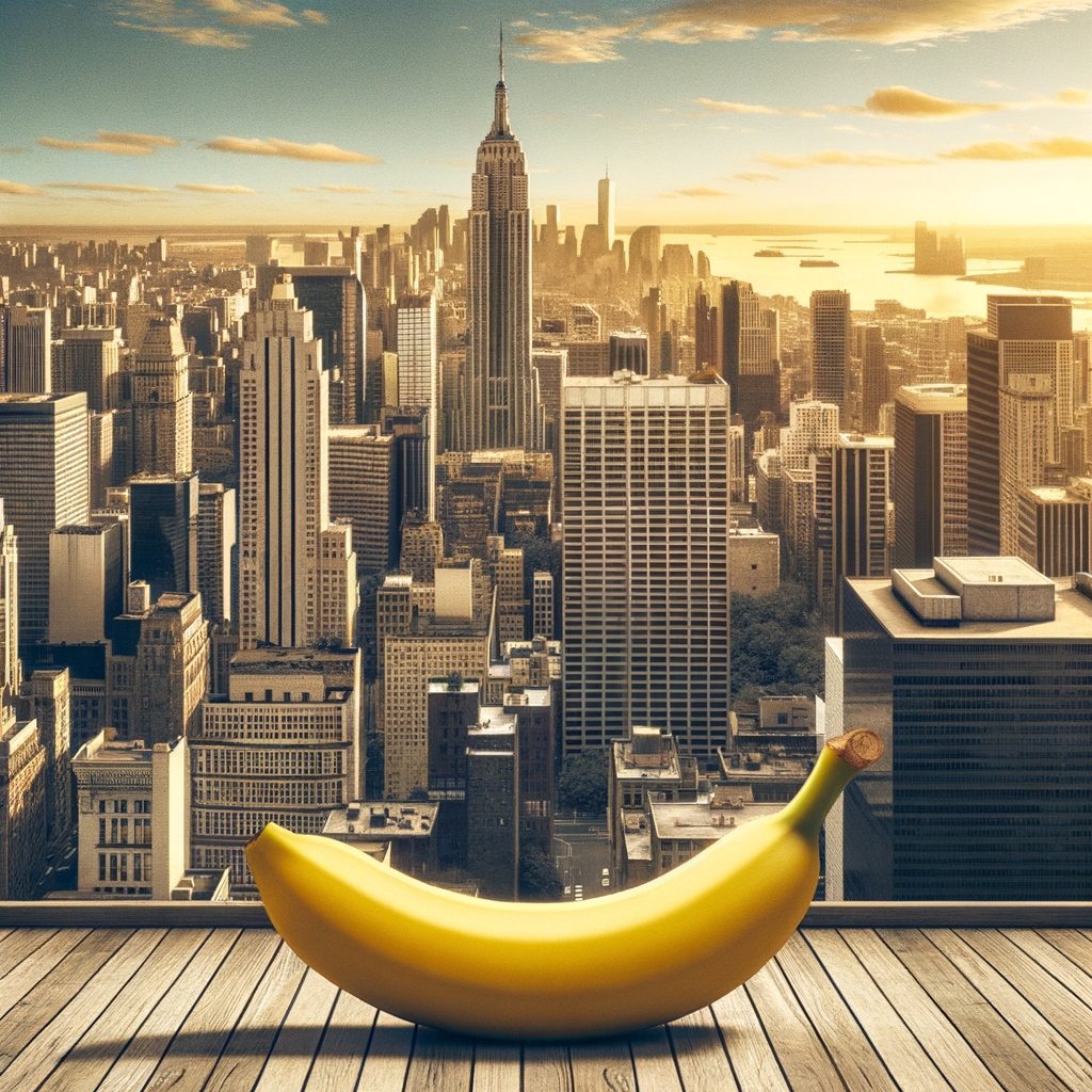New York sert de toile de fond à une banane extravagante faisant sa star, jaunâtre sous un crépuscule urbain doux en contrepoint.