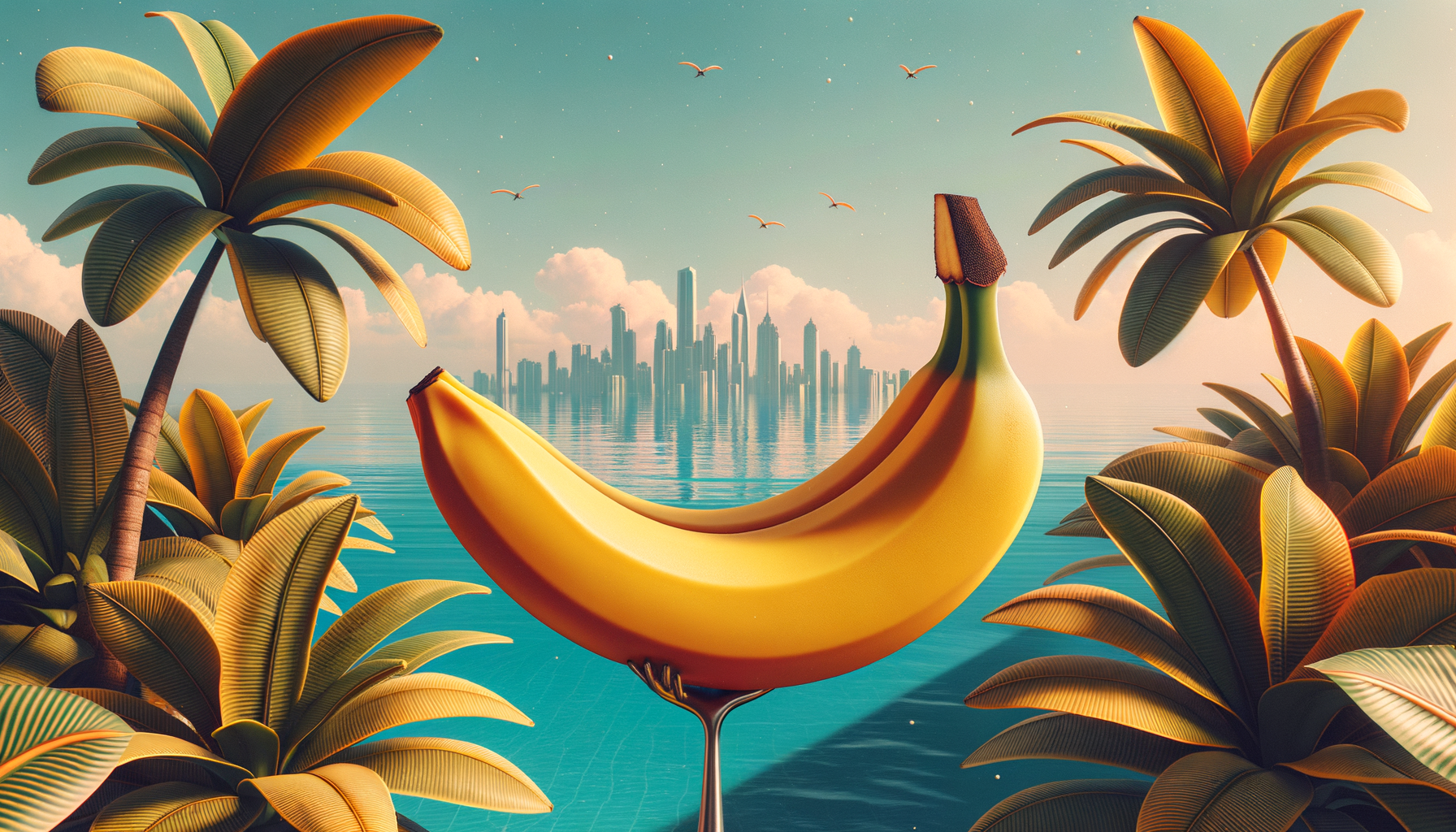 Une banane géante règne sur son trône de palmiers, scrutant son royaume urbain futuriste et ses sujets aériens, sous un ciel aux confettis de nuages.