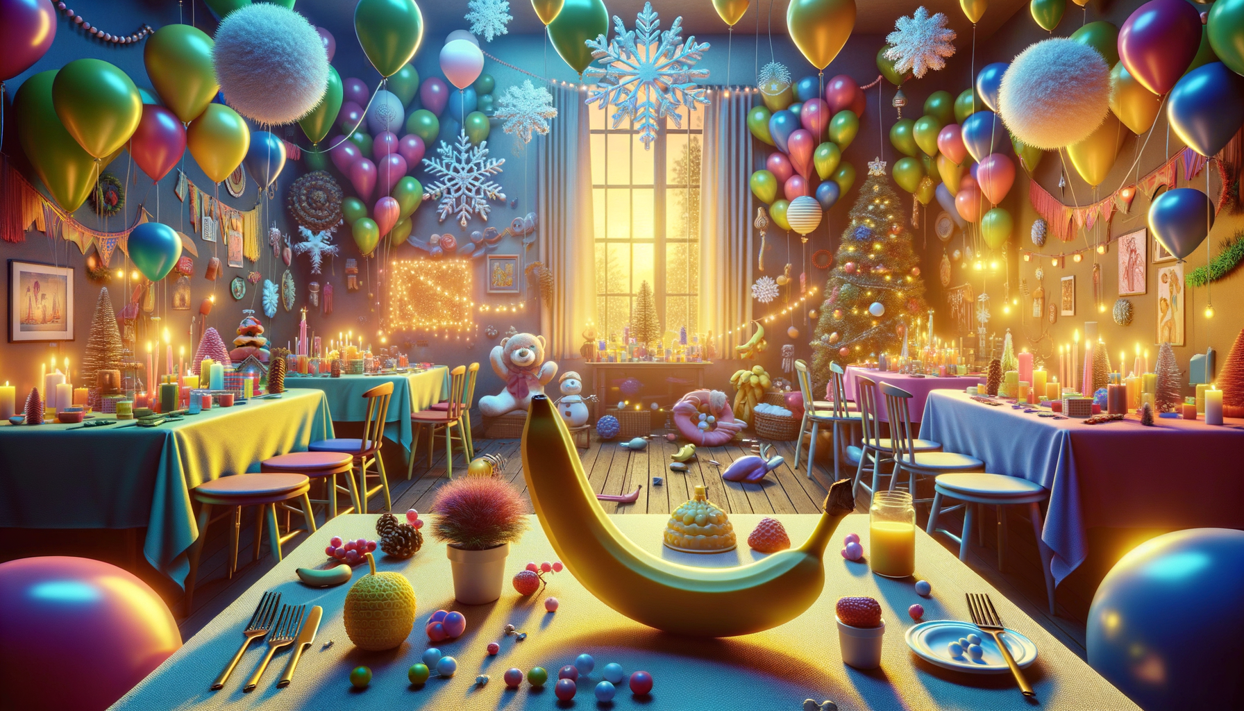 Un bal masqué d’objets bariolés, où ballons coquins, desserts coquets et joujoux rigolos pétillent sous un soleil goguenard invité d’honneur.