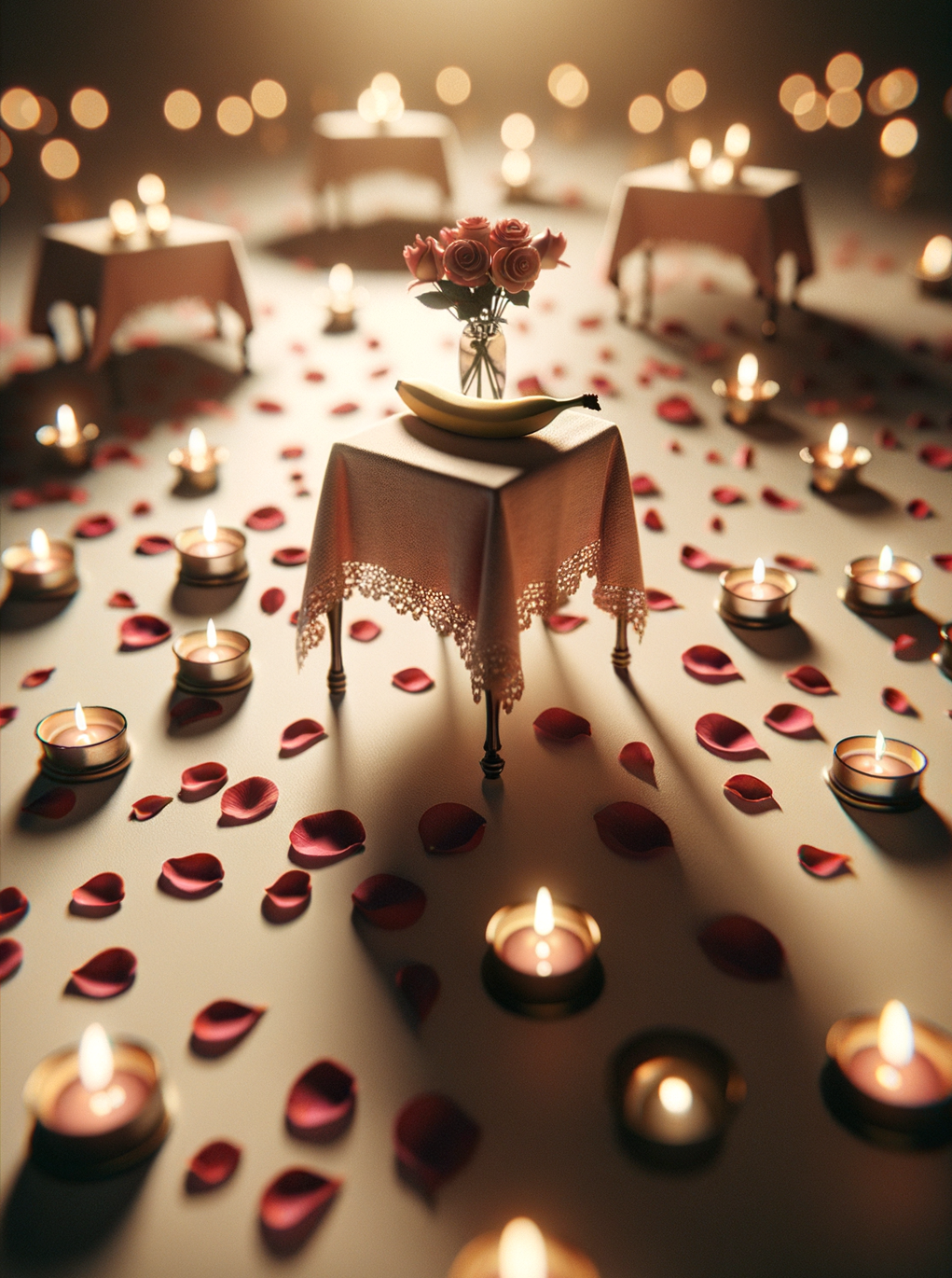 Un ballet de tables flirtant avec des pétales de roses, une banane intrépide s’invitant à une danse aux lueurs de bougies.