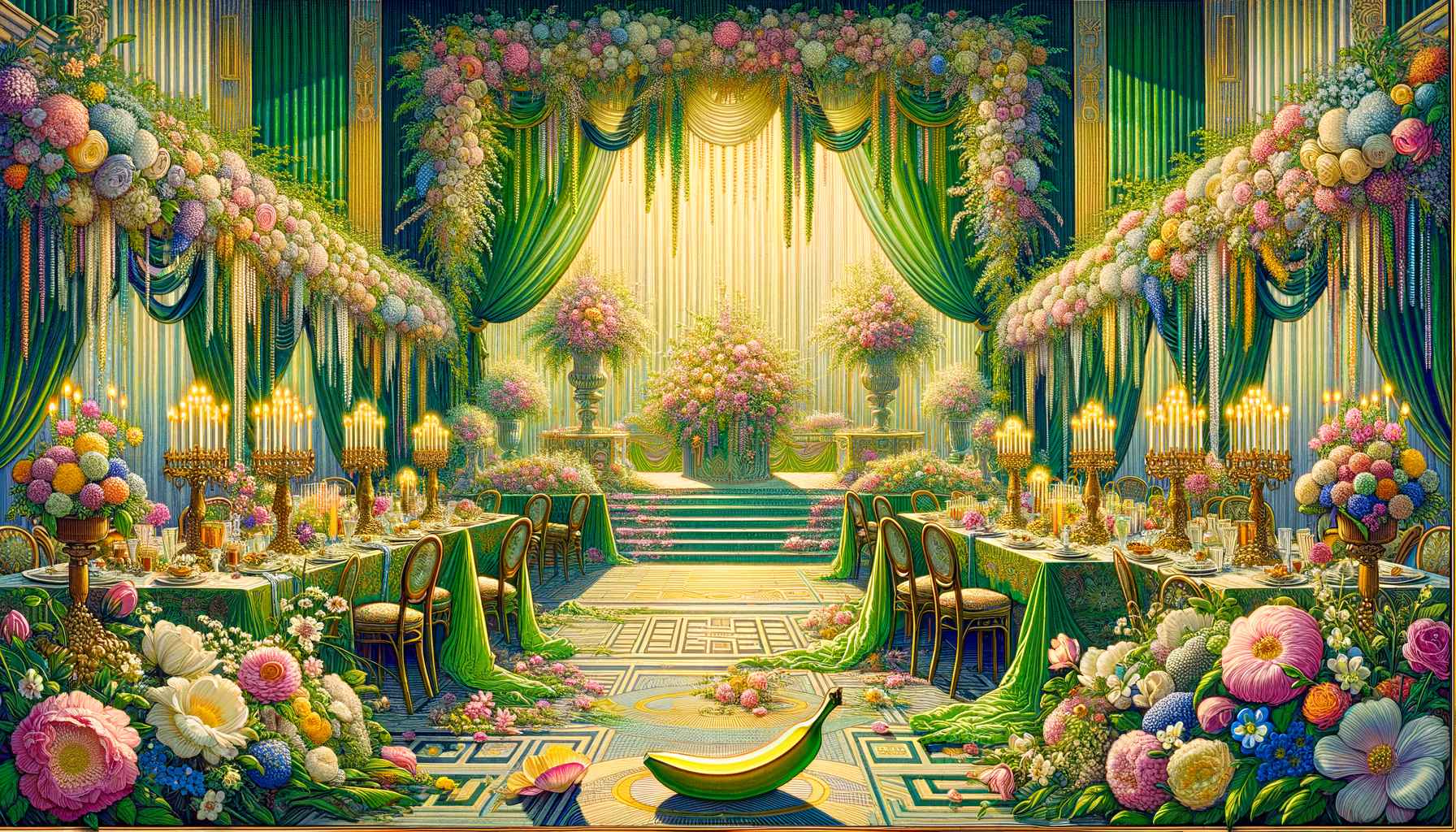 Dans un bal des roses et des lys sous un ciel de drap vert, la dépouille d’une banane complote avec les chandeliers dorés.
