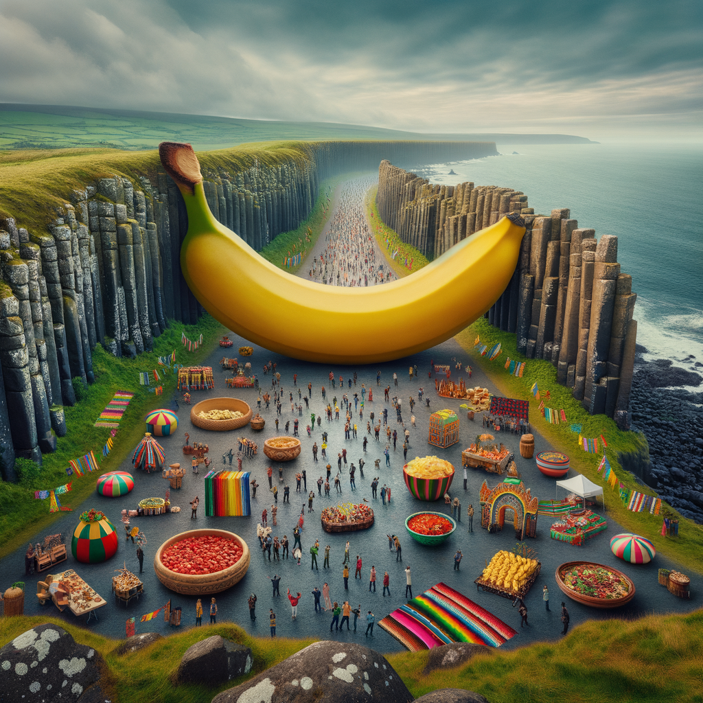Foule éméchée navigue sous banane géante, entre falaises festives et mer de félicité, dans ce carnaval surréaliste et verdoyant!