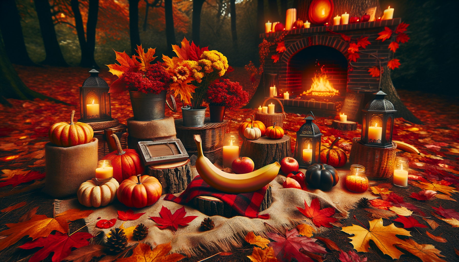 Baignée dans une douce clarté, l’automne se fond dans un festival de couleurs tandis qu’une insolente banane se dore au milieu de curcubitacés rêveurs.