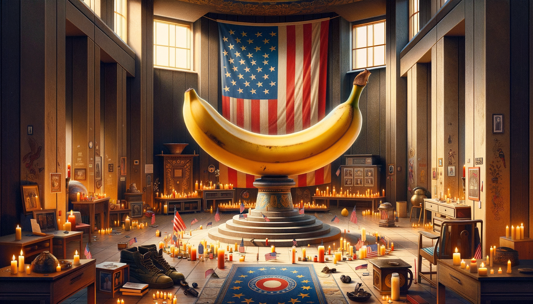 Une banane dorée trône, mystérieuse diva, dans un chaleureux théâtre patriotique de bougies, portraits, et d’étoiles et bandes dansantes.