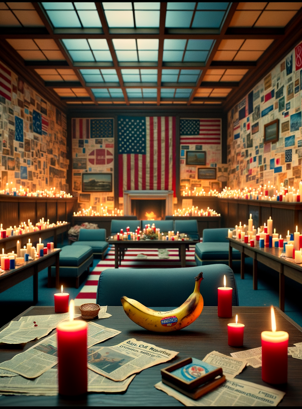 Un saloon d’ambiance, parsemé de bougies, jouant à cache-cache avec des drapeaux tatoués sur les murs, et une banane insolite trônant sur la table centrale.