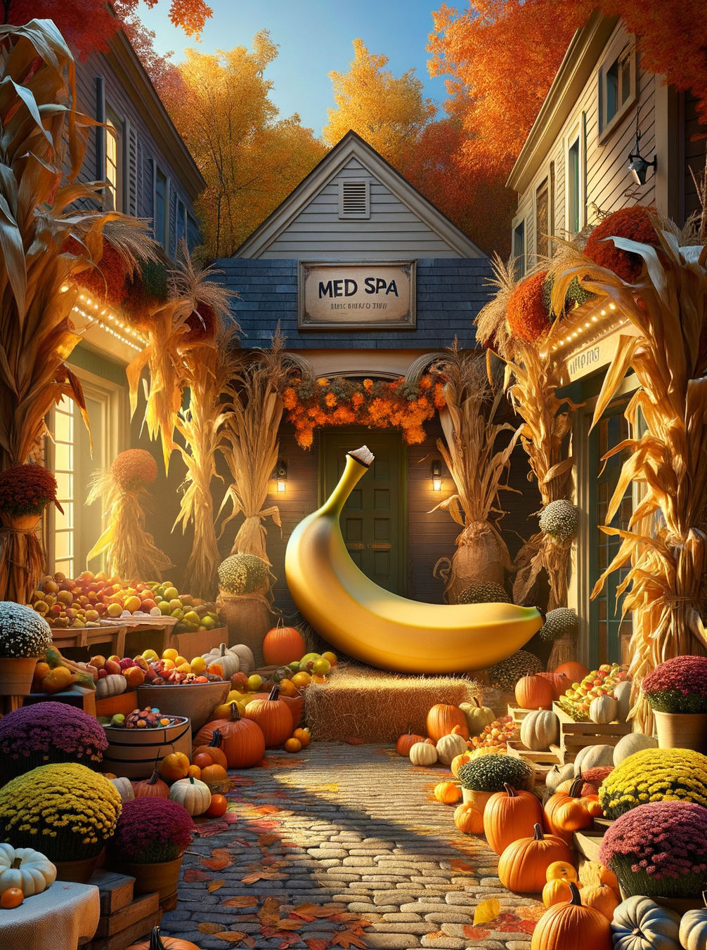 Un émeute automnale de citrouilles, espiègles sur une rue traditionnelle, fantaisistes comme une banane jaune béante devant un Spa médical.