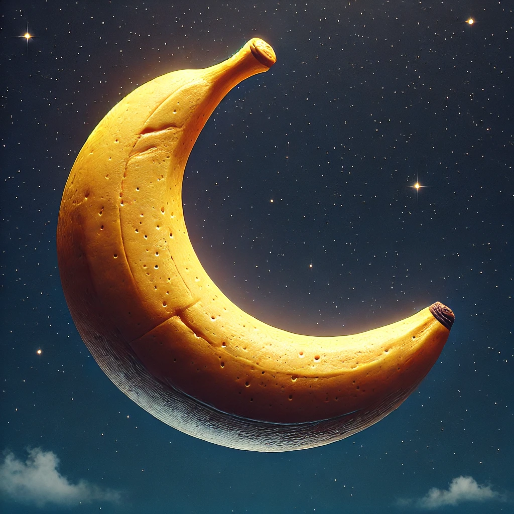 Banane lunaire, éclatant de jaune dans le ballet des étoiles, vole dans une nuit tachetée d’humour et de rêverie.