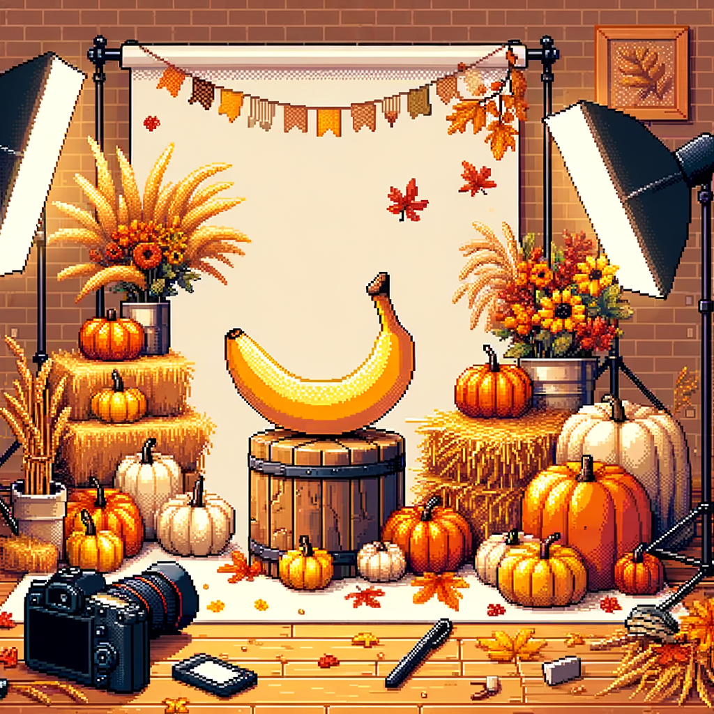 Une banane joue le roi d’automne, régnant sur un royaume de citrouilles bigarrées, un trône de tonneau et une couronne de tournesols, sous une pluie douce de lumières de studio.