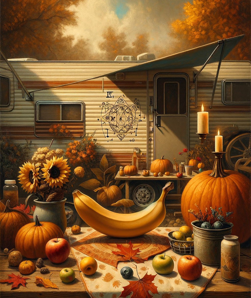 Vanlife vintage, en mode automne à la Woodstock, parmi les récoltes joyeuses de la nature dorée, allumant des bougies sur une colonie fruitière.