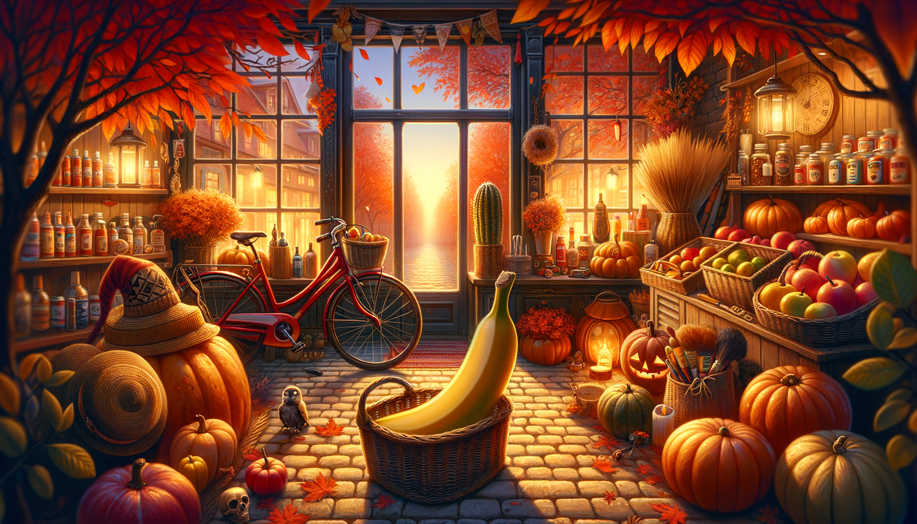Une symphonie d’automne joue dans un magasin, avec une bicyclette rouge faisant office d’épouvantail fruitier entourée par une assemblée de citrouilles farceuses.