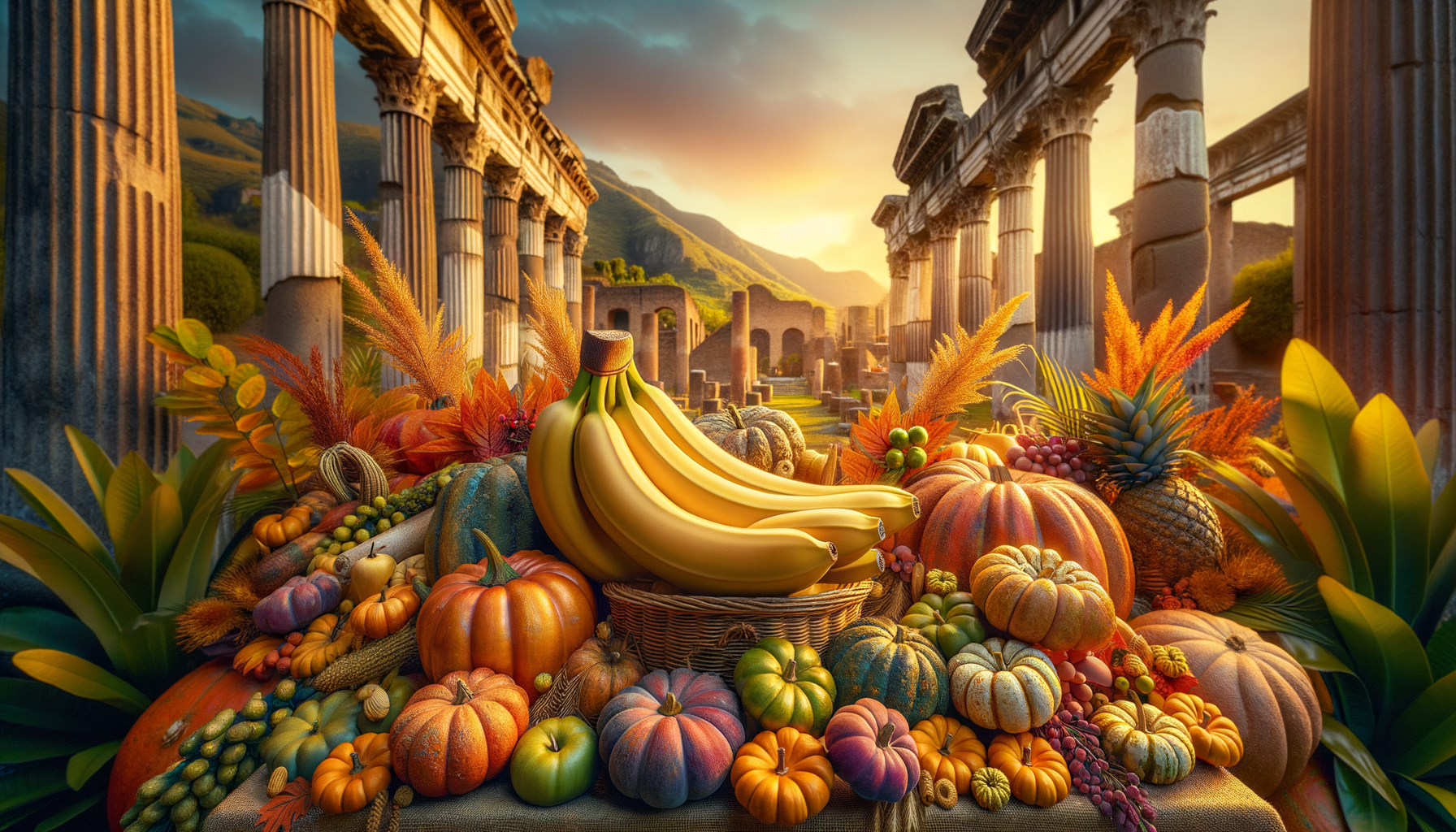Un festin de couleurs végétales jaillit d’un panier, flirtant avec des citrouilles aux teintes de coucher de soleil, sous l’oeil complice des colonnes antiques.