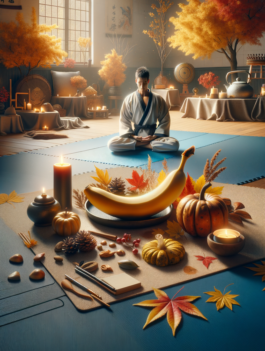 En kimono, quelqu’un médite, baigné par une lumière douce. Autour, des fruits, des bougies, et un automne miniature lui offrent leur sérénité.