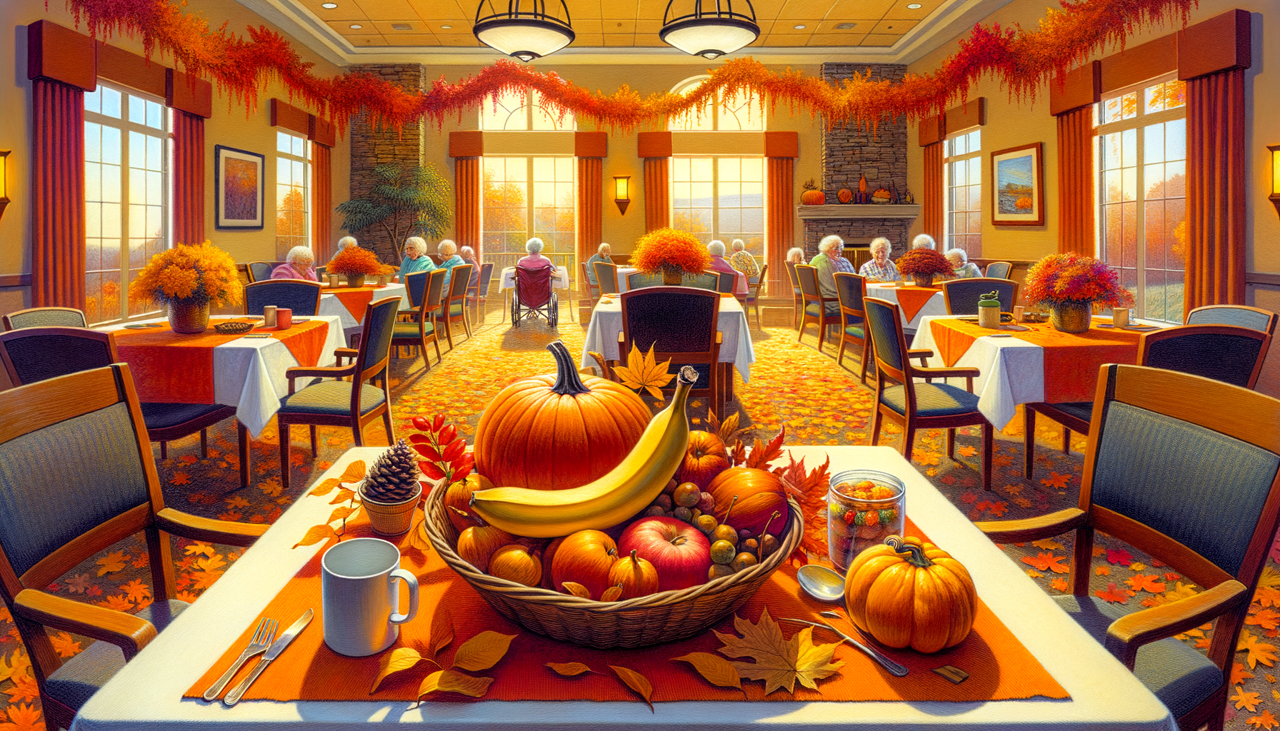 Une comédie d’automne en sueur se joue, des seniors chuchotent leurs secrets sous un festival de fruits, dans une salle parée de feuilles d’érable sous un doux brouillard.